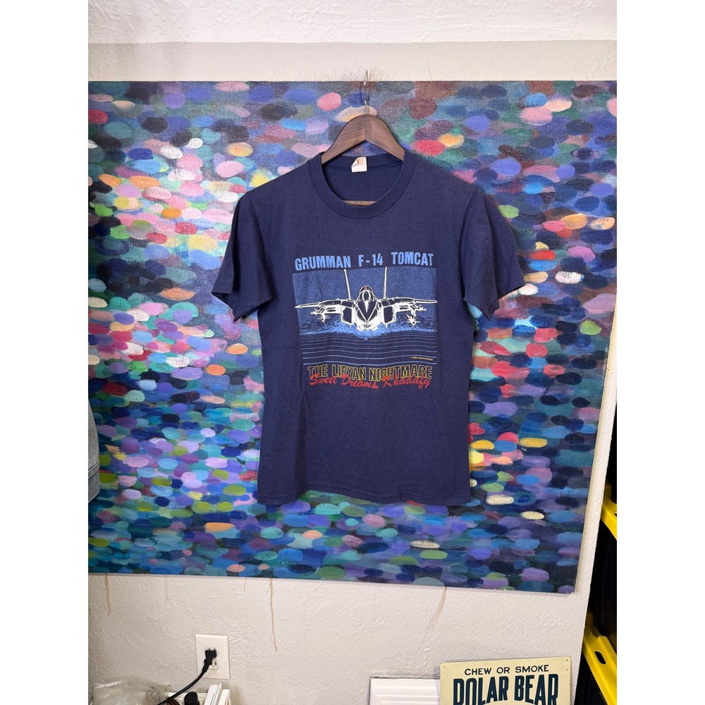 Vintage 1986 F-14 Tomcat Libyan Nightmare Reagan Quote T-Shirt Navy Blue Mens M